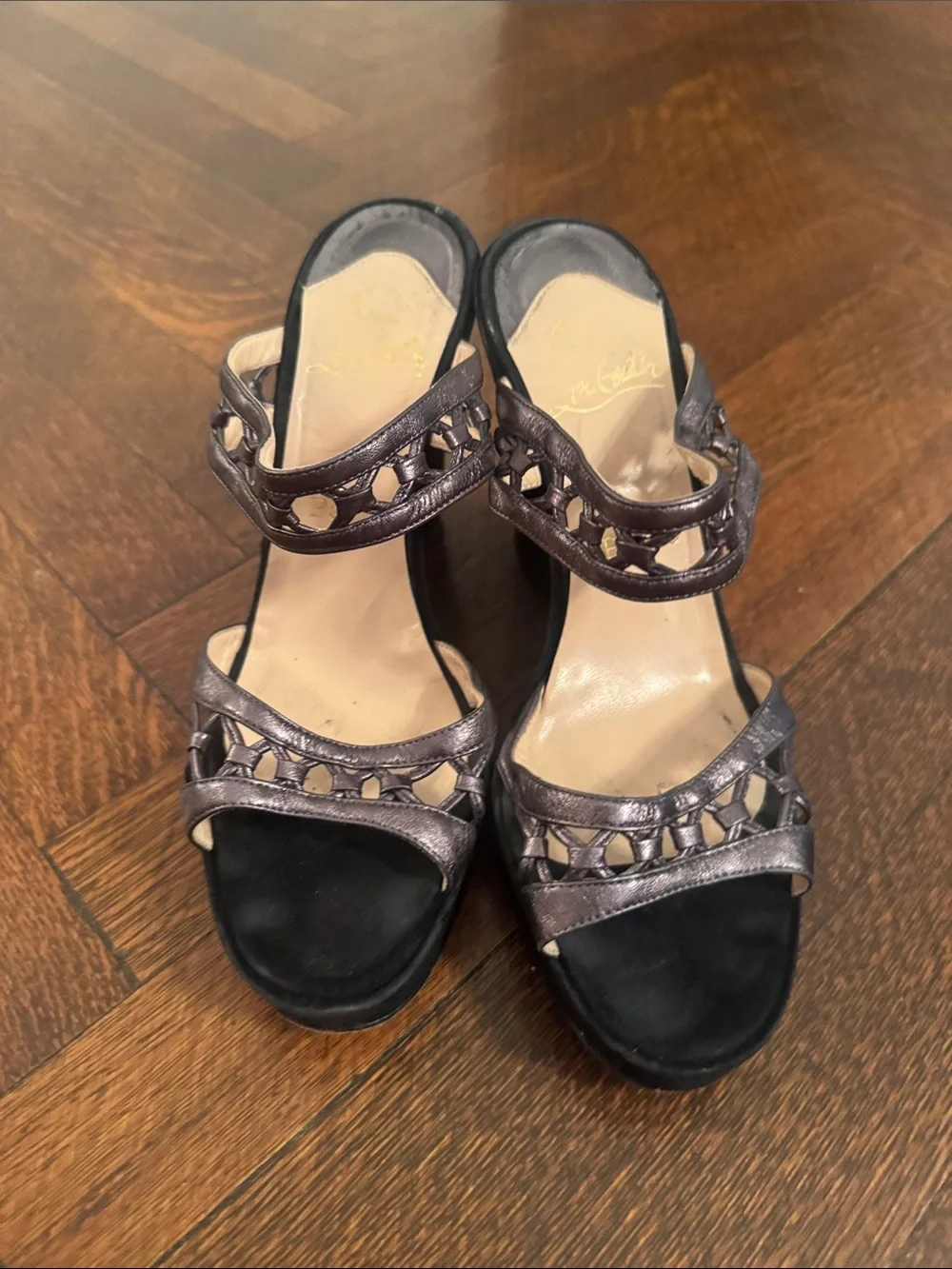 Christian Louboutin Metallic Pewter Strappy Wedge Sandals